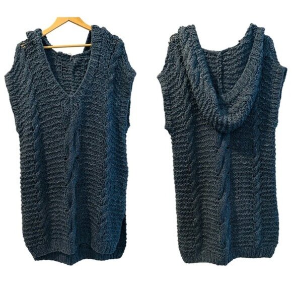 Rare Free People Hooded Chunky Knit Sweater Vest Size M/L Deep Blue - Picture 1 of 13